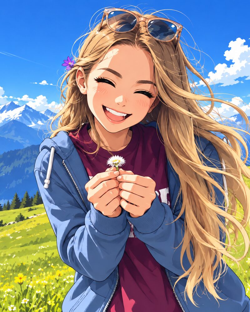 Illustration of A. L. Newby laughing in a mountain meadow, holding a small white flower.