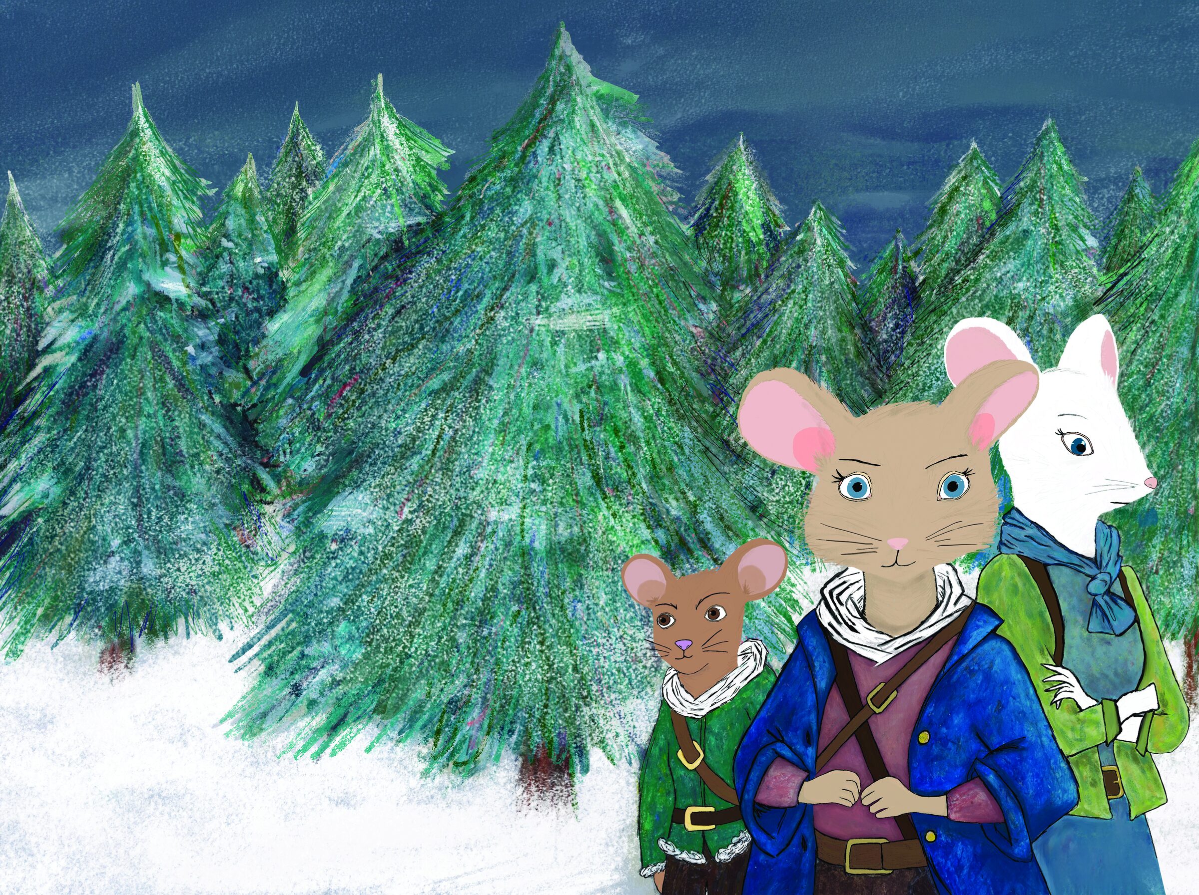 Tilda Evergreen, a young mouse in a blue coat, stands in a snowy fir forest at night with two companions.