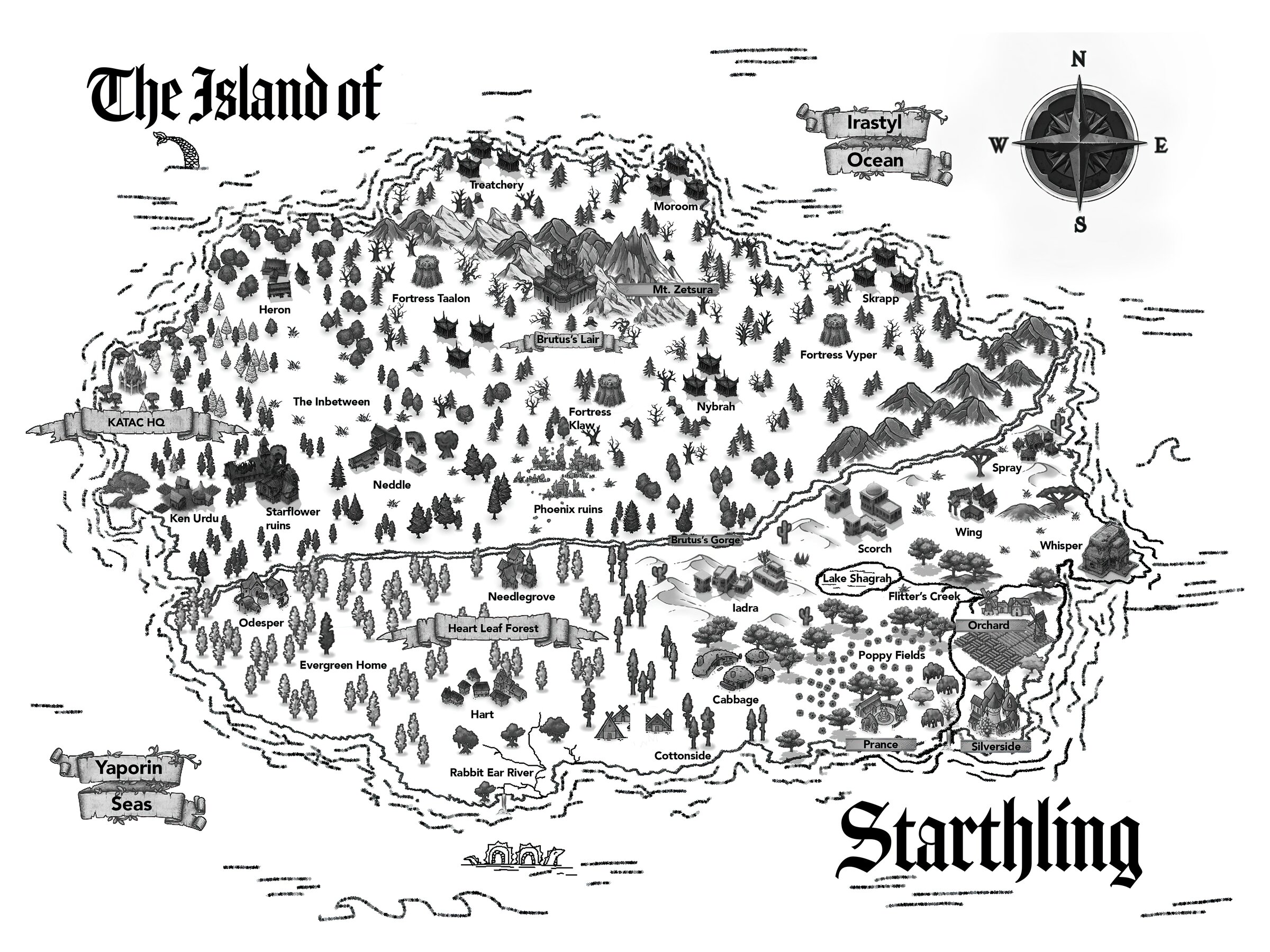 A hand-drawn map of the Island of Starthling, with forests, mountains, fortresses, and villages.